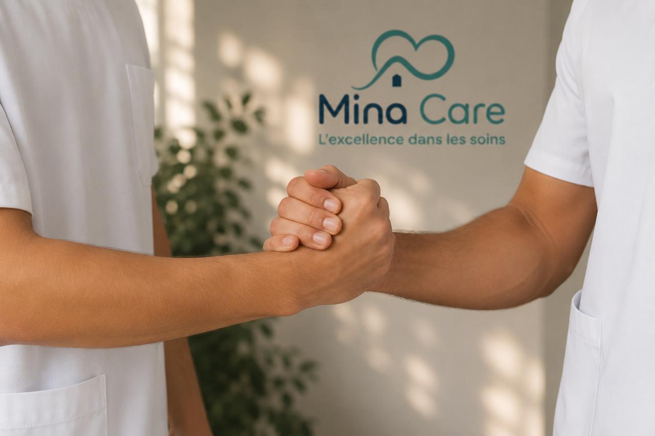 Logo Mina Care, service de soins infirmiers à domicile à Bruxelles, deux soignants se serrant la main